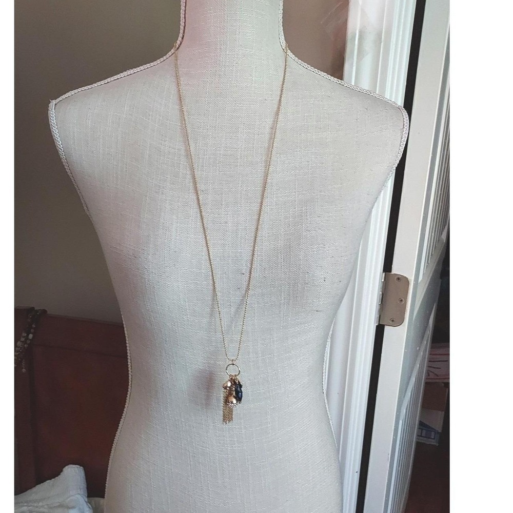 Lane Bryant Gold Tone Crystal Ball Tassel Charm Long Layering Necklace 19" NWT
